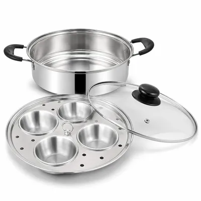 Produktbild von Multifunktions Topf Edelstahl 20 cm, Eierkocher mit Dampfeinsatz, 4-teiliges Kochtopf Set, unbeschichtet für Induktion & Gasherd