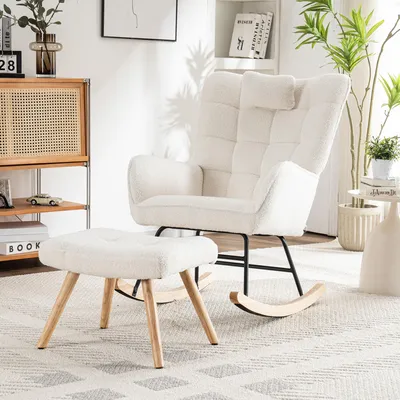 Image de MODFU Fauteuil à Bascule avec Repose-Pieds - Siège Lounge Confortable, Structure Métal et Bois, Design Rétro, Blanc - 47x65x92 cm