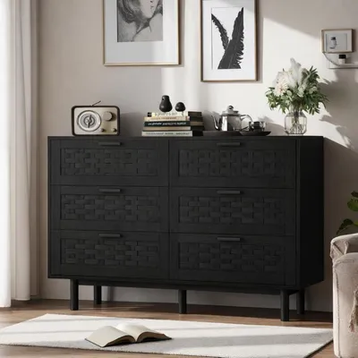 Image de Commode à 6 tiroirs, aspect rotin, bois, noire