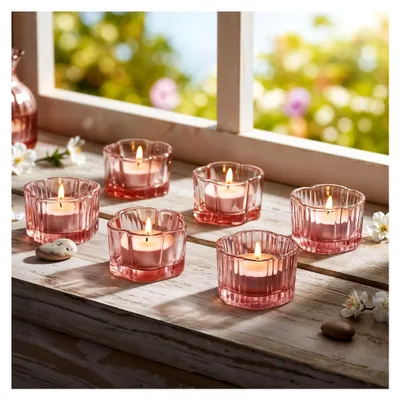 Produktbild von 6er Set Teelichthalter Blume Rosa Kerzenhalter Tischdeko