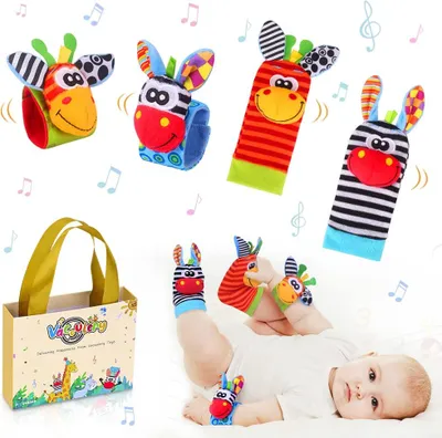 Produktbild von Baby Rasseln Spielzeug Socken und Handgelenk, Fuß und Handgelenk Rassel Finder Plüschtier Spiel Socken Nettes Tier Weiches Baby Handgelenk für Neugeborene Mädchen und Jungen Geschenk 4 PCS Stil 1