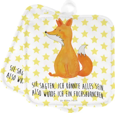 Produktbild von Mr. & Mrs. Panda Topflappen Einhorn Fuchs - Weiß - Geschenk, Ofenlappen, Topflappenset, Unicorn, Topfuntersetzer, Set, Fuchshörnchen, Unicorns, topfhalter, Einhörner