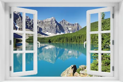 Produktbild von Wallario Poster mit Fenster-Illusion: Tiefblauer See mit Bergpanorama und Wäldern  Kanada, Größe: 100 x 150 cm