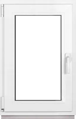 A white PVC window with a handle and hinges, presented against a white background.
