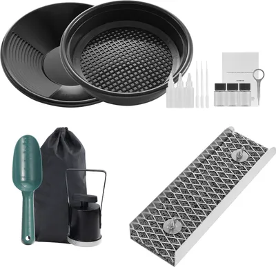 Immagine prodotto di SucceBuy Kit per la ricerca dell'oro con Mini Sluice Box - attrezzatura per l'estrazione mineraria in alluminio da 12", set da 16 pezzi con padella per l'oro, filtro classificatore, magnete, zaino e accessori per la ricerca dell'oro