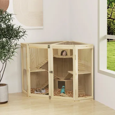 Produktbild von Käfig für Nagetiere, Holz, Hamsterkäfig, Meerschweinchenkäfig, Nagetierhaus – 4 Etagen – Aus natürlichem Fichtenholz