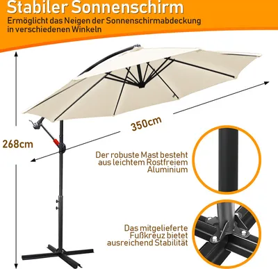 Immagine prodotto di ombrellone karpal 3m-3.5m Ombrellone a sbalzo inclinabile Ombrellone da balcone Ombrellone da mercato UV40+ Ombrellone da giardino, Beige, 3.5m