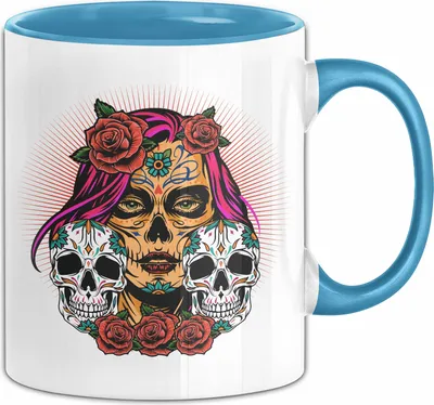 Produktbild von Totenkopf Tasse Geschenk Frau Skull Tattoo Becher (Blau)