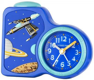 A blue alarm clock with a space-themed design, featuring a spaceship, planets, and stars.
