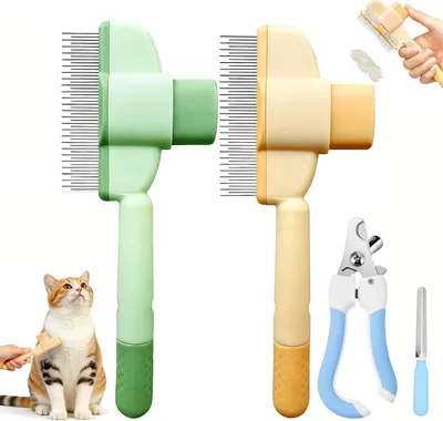 Produktbild von Katzenbürste Set 4-teilig, selbstreinigend, Flohkamm, für Fellpflege