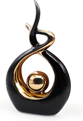 Image de Sculpture en céramique Unyqoos® – Décoration abstraite noire et dorée pour table, 31 x 16 x 6 cm, décoration lisse et brillante pour salon, chambre et bureau