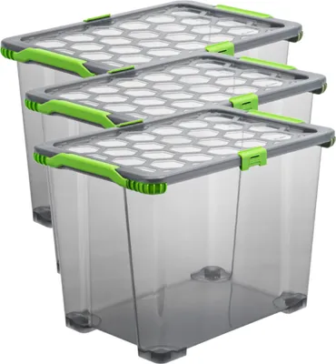 Three clear plastic storage boxes with gray lids and green handles are stacked on a white background.