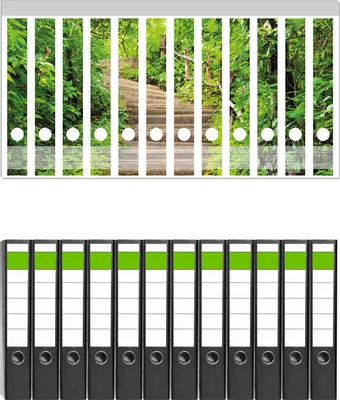 Produktbild von Wallario 12 Stück schmale Ordner inkl. Klebeetiketten mit Motive Steintreppe im Wald -  Set mit Rückenschildern / Ordnerrücken Stickern