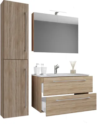 Image de Lavabo 4 pièces | Armoire lavabo largeur 60 cm | Meubles de salle de bain avec tiroirs portes tournantes Armoire de miroir | Badinos
