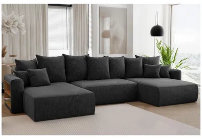 Produktbild von MEBLINI Schlafcouch mit Bettkasten - 350x160x78cm - Schwarz Cordstoff - NAPLES - Ecksofa mit Schlaffunktion - Sofa mit Relaxfunktion und Kopfstützen - Couch U-Form - Eckcouch - Wohnlandschaft