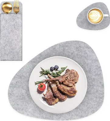 Produktbild von Intirilife 6x Filzunterleger-Set in Grau - Tischdeckchen Gläseruntersetzer Bestecktasche Platzset für Restaurant und Zuhause
