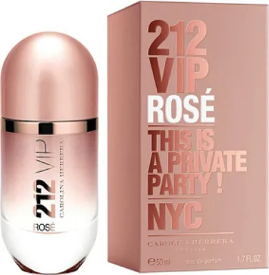 A bottle of Carolina Herrera 212 VIP Rosé perfume and its packaging are displayed side-by-side against a white background.