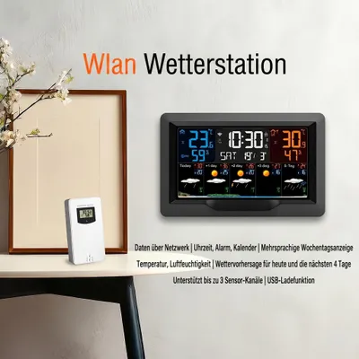 Produktbild von Funkwetterstation mit Farbdisplay & Außensensor Barometer Wettervorhersage Funk-Wetterstation Funkuhr