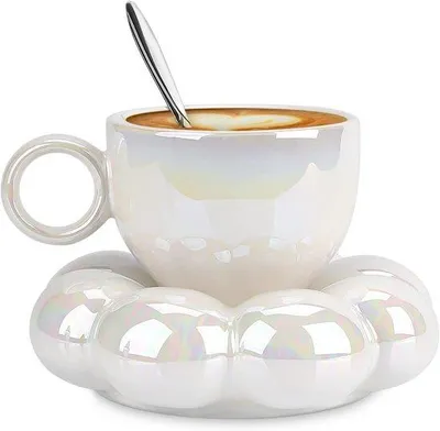 Imagen del producto de Juego de tazas de café de porcelana de 200 ml, color blanco perla, con cuchara y asa plateada
