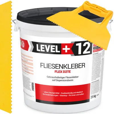 Zdjęcie produktu dla Zestaw Gotowy dyspersyjny klej do płytek Level Plus 12 FLIESENKLEBER FLEX 25 kg Szpachla Trójkątna