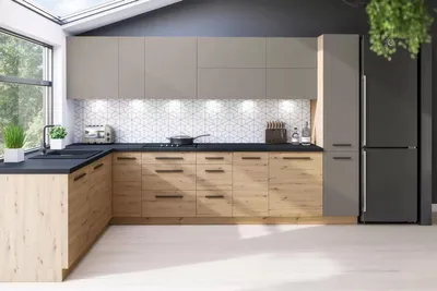 Produktbild von Winkelküche – Eckküche – Küchenzeile L-Form – Komplettküche – Nexa K66-G210 – 330 × 210 cm – Beige & Woodline