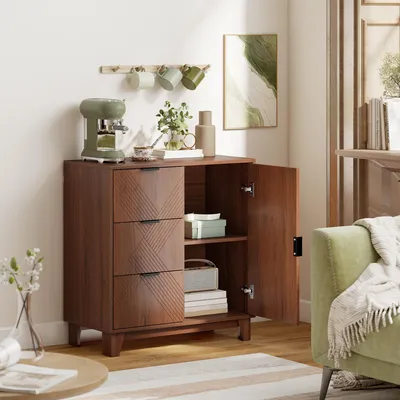 Produktbild von Sideboard Anrichte Modern, Kommode Holz-Optik Braun, 75x39x80 cm, Beistellschrank mit 3 Schubladen & 1 Tür mit Soft-Close für Wohnzimmer Küche Flur