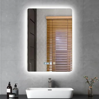 Produktbild von LED Badezimmerspiegel - Rechteckiger Schminkspiegel - Touchscreen - Dimmbares 3-Farb-Licht - Beschlagfrei - Zeitanzeige - Wandmontage 15 cm