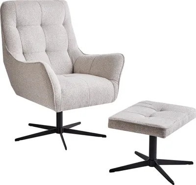 Produktbild von BELIANI Sessel mit Hocker Hellbeige Stoffbezug Gesteppt Drehbar mit Schwarzem Metallgestell Armlehnen Modern Wohnzimmer Fernsehsessel Drehsessel
