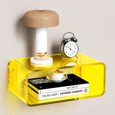 Immagine prodotto di Tavolino da notte e comodino: Tavolino da notte sospeso in acrilico, tavolino da notte, ripiano laterale per il letto, scrivania da letto a parete (giallo, piccolo)