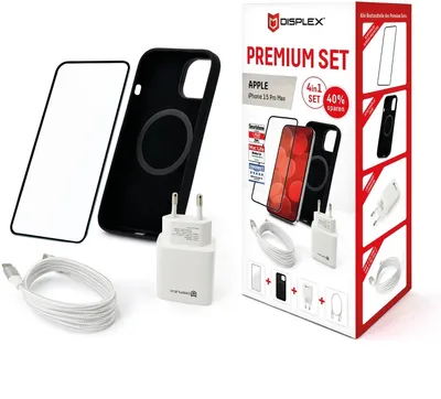 Produktbild von Displex Premium 4 in 1 Set für Apple iPhone 15 Pro Max, Transparent, Schwarz, Weiß, Silikon, Kratzresistent, Schlagfest, Apple, iPhone 15 Pro Max, 244 g