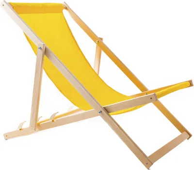 A yellow fabric deck chair with a wooden frame, shown against a white background.