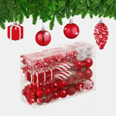 Produktbild von Relaxdays Weihnachtskugeln 72er Set, glitzernde, matte & glänzende Baumkugeln, Stiefel, Herz & Zapfen, Kunststoff, rot