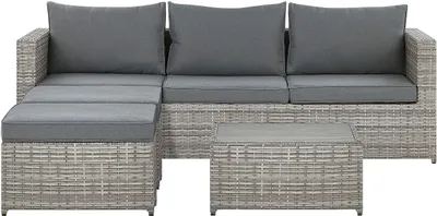 Produktbild von BELIANI Lounge Set Polyrattan Hellgrau 5-Sitzer Rechtsseitig mit 2 Ottomanen und Auflagen in Grau Klassisch Gartenausstattung Terrasse