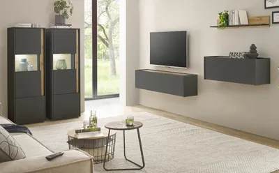 Produktbild von Wohnwand mit Sekretär in grau und Eiche Wohnkombination Center 5-teilig 410 cm