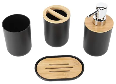 Productafbeelding van Badkameraccessoireset, 4-delig, bamboe en kunststof, zwart