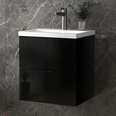 Produktbild von Unterschrank mit Waschbecken Waschbeckenunterschrank Badmöbel Waschtisch Badezimmerschrank, hochglanz Schwarz Holz, Sanfter Schluss, 50x37x52cm