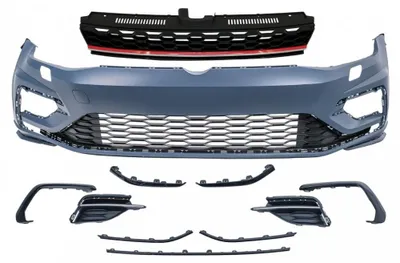 Obrázek produktu pro Přední nárazník pro VW Golf 7.5, rok výroby 2017-2020, vzhled R, s centrální maskou chladiče.
