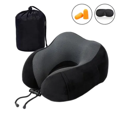 Produktbild von xdovet Reisekissen Nackenhörnchen Schwarz, verstellbar, kompakt, Memory-Schaumstoff, Samtstoff, Magnetverschluss, inkl. Ohrstöpsel, Augenmaske und Tragetasche, für Flugreisen & Erwachsene, optimale Konturanpassung.