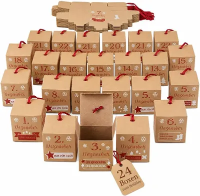 Obrázek produktu pro Adventní kalendář, který si můžete sami naplnit – Obsahuje 24 krabiček a 24 stuhy – Adventní kalendář pro vlastní tvorbu