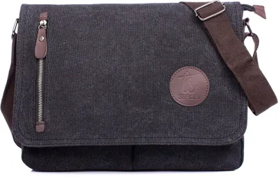 A dark gray canvas messenger bag with brown faux leather accents and a brown strap, presented against a white background.