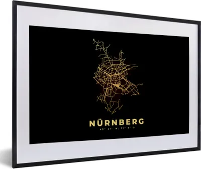 Produktbild von MuchoWow® Gerahmtes Poster Nürnberg - Karte - Gold - Stadtplan - Karte 60x40 cm - Poster mit Schwarzem Bilderrahmen Wandposter Rahmen Foto Bilder - Schlafzimmer - Plakat in Rahmen - Drucken