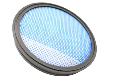 A round blue mesh filter with a black rubber rim, isolated on a white background.