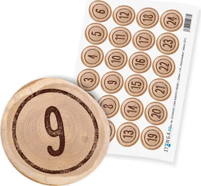 Produktbild von itenga 24x Zahlensticker Z51 Holzscheiben 1-24, 2,0cm Durchmesser