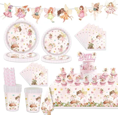 Produktbild von Feen-Partygeschirr-Set für Mädchengeburtstage mit Papptellern, Pappbechern, Servietten, Tischdecke, Girlande und Tortendekoration für 10 Gäste