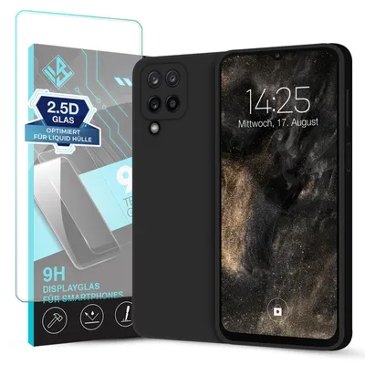 Produktbild von Hülle für Samsung Galaxy A12 mit 9H Displayglas Displayschutz Case Cover Bumper Smartphone Softgrip Schutzhülle Farbe: Schwarz