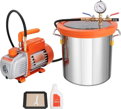 Immagine prodotto di SucceBuy Camera da vuoto da 3 galloni e kit pompa da 3,5 CFM, camera di degassificazione sottovuoto con coperchio in vetro temperato, pompa monostadio con flacone di olio da 250 ml, per stabilizzazione del legno, siliconi, epossidiche