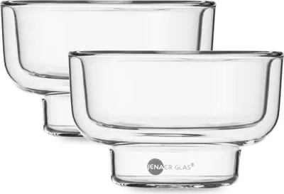 Two clear glass bowls are shown, one slightly behind the other.