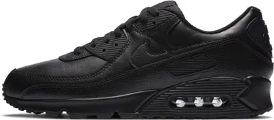 A side view of a black Nike Air Max 90 sneaker.