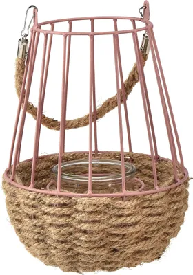 Produktbild von Rosa Windlicht mit Henkel aus Hanf & Kerzenglas Ø18cm H22cm, Stimmungsmacher für Innen und Außen