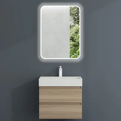 Produktbild von Mai & Mai Badmöbel-Set Waschbeckenunterschrank 60x38x56cm in Eiche hell mit 2-Schubladen inkl. Waschbecken und LED-Spiegel